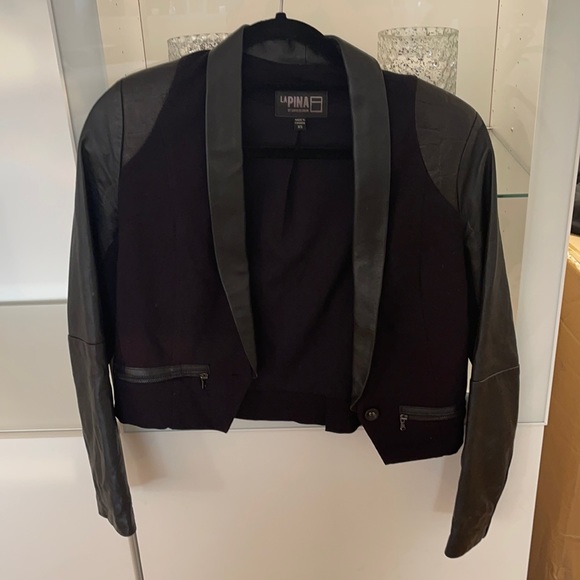 Real Leather 2 tone mix fabric crop blazer - Picture 1 of 5